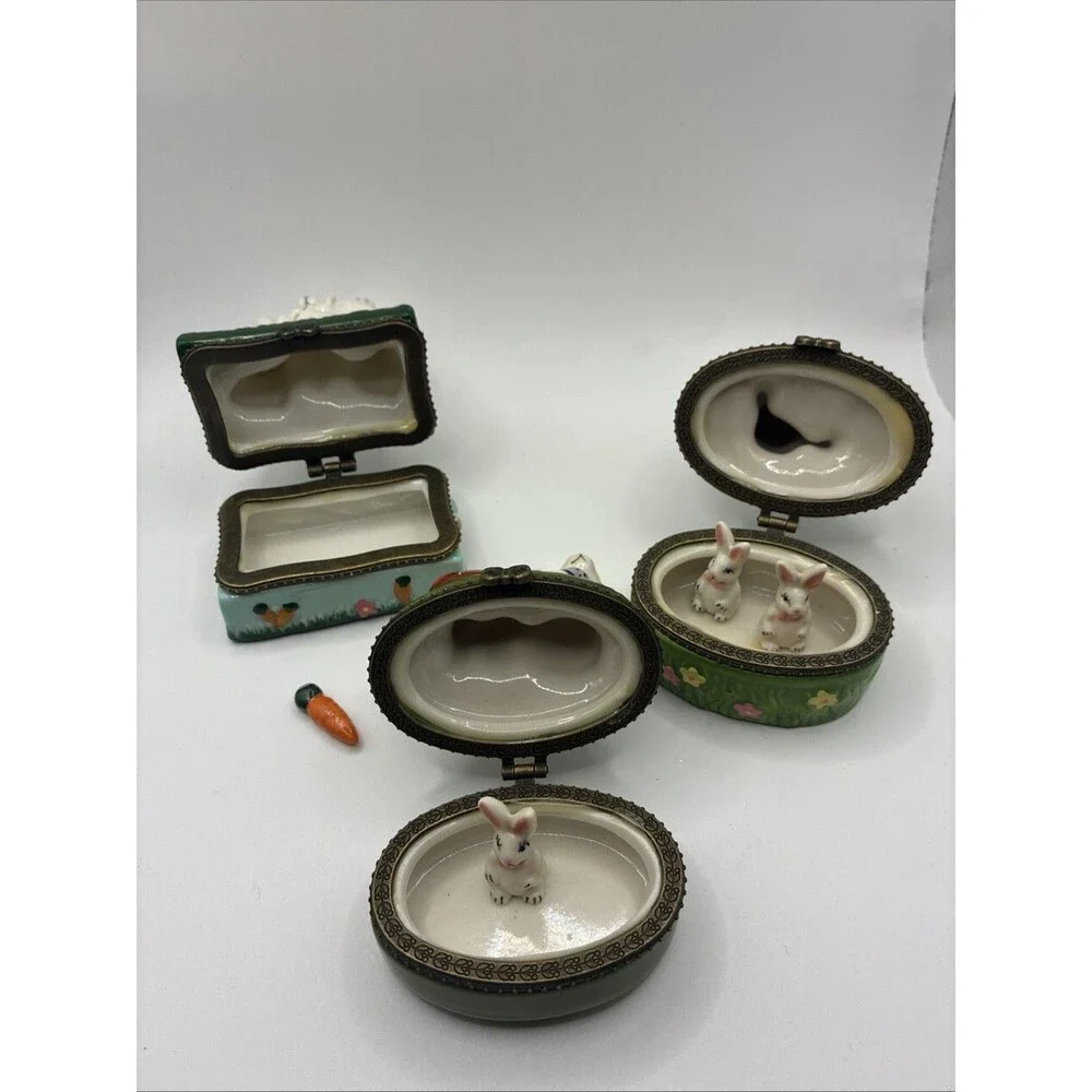 Porcelain Easter Bunny Rabbit Hinged Trinket Boxes Set of 3